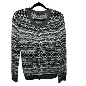 TALBOTS / gray black white wool blend fair isle printed cardigan sweater / M
